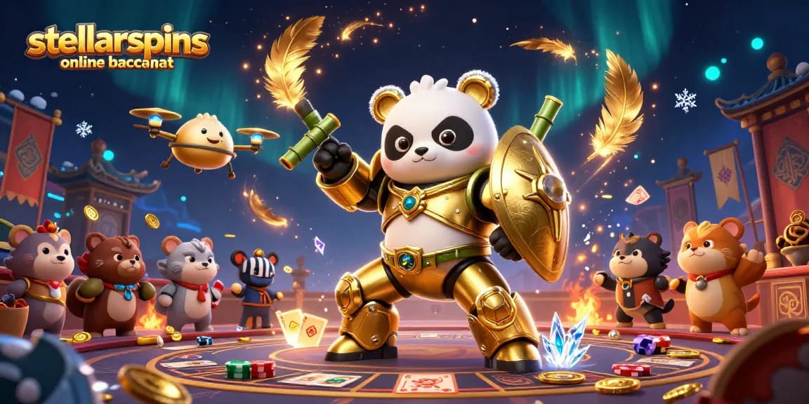 Engaging golden panda piloting a robot at stellarspins online baccarat game amid festive arena.