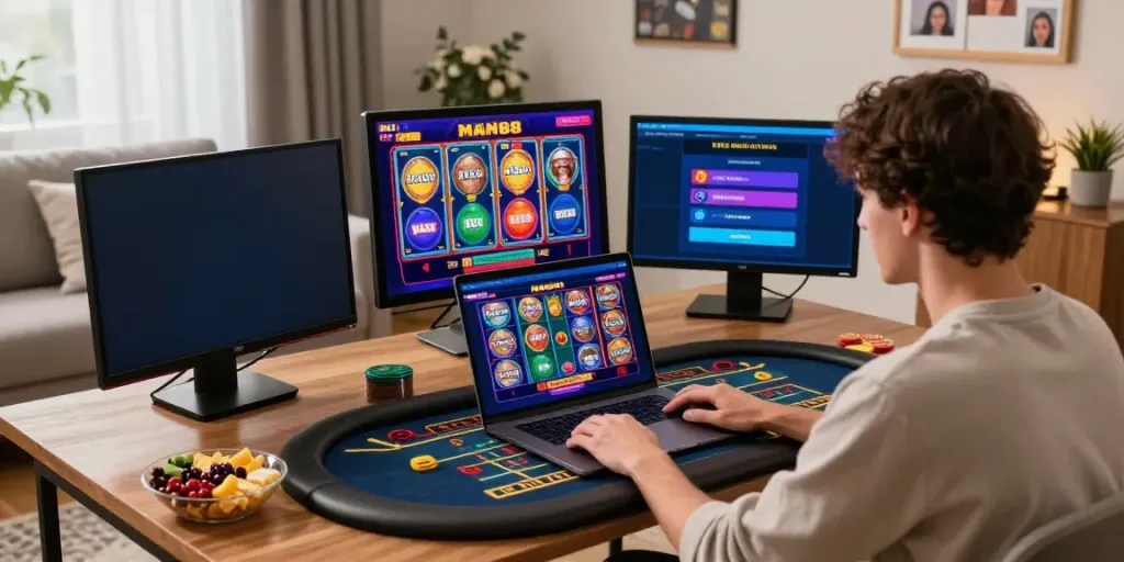 Engaging scene of a user exploring the MAN88 online gambling platform with colorful game displays.