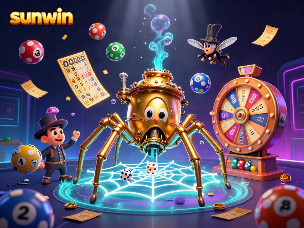 Engage in vibrant gambling excitement with sunwin, featuring a steampunk spider caught in a web of luck.