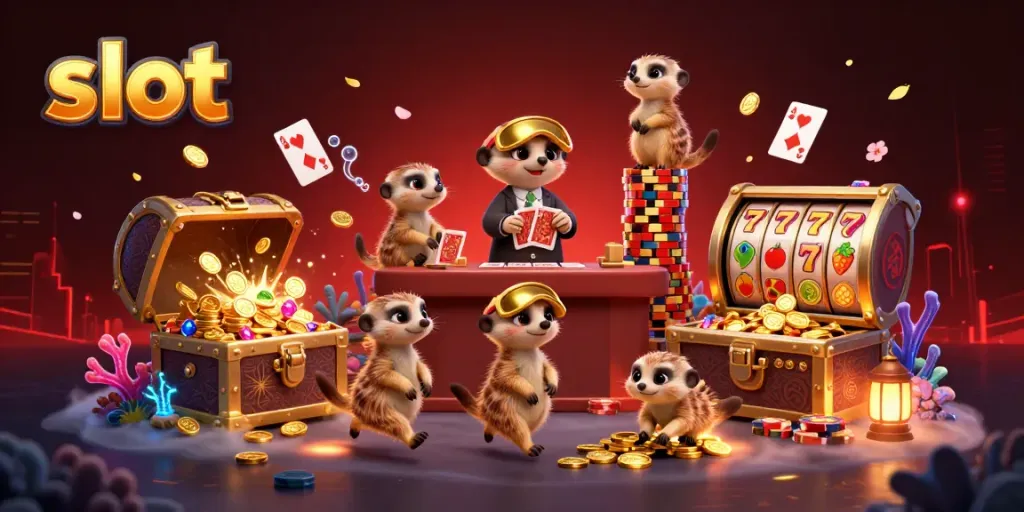 Experience thrilling slot action with playful meerkats running a busy casino scene.