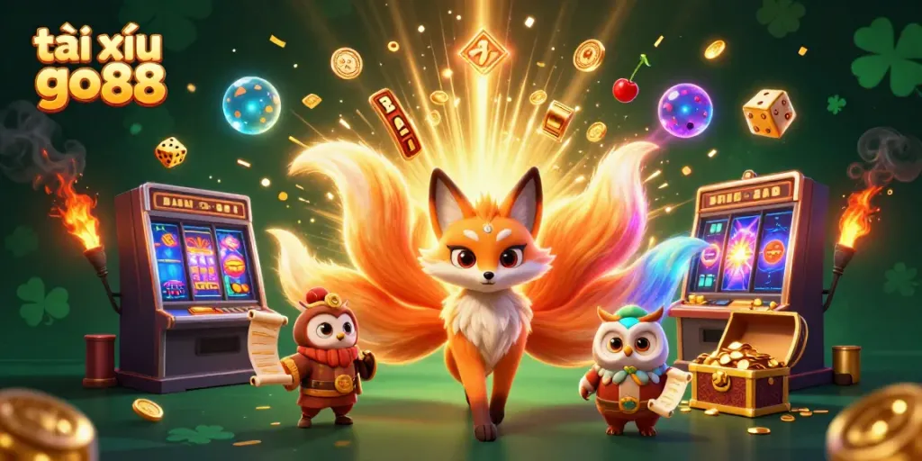 Engaging scene showcasing tài xỉu go88 with a vibrant nine-tailed fox and owl sage amid a jackpot explosion.