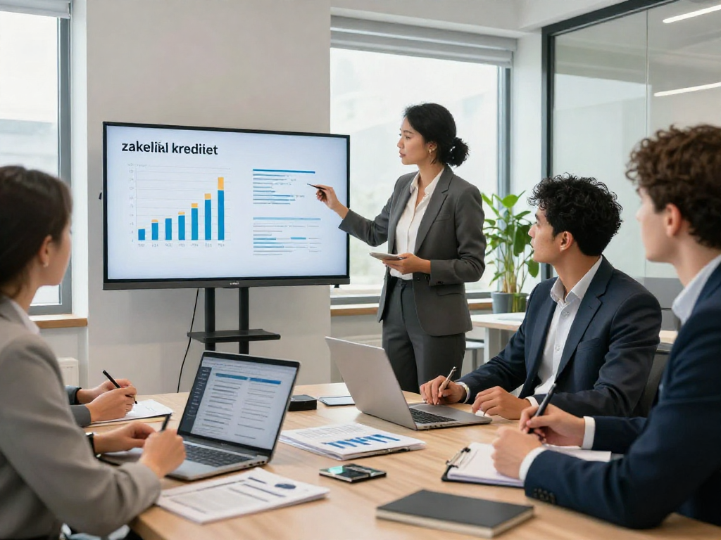 Professionals bespreken zakelijk krediet in moderne kantooromgeving tijdens presentatie.