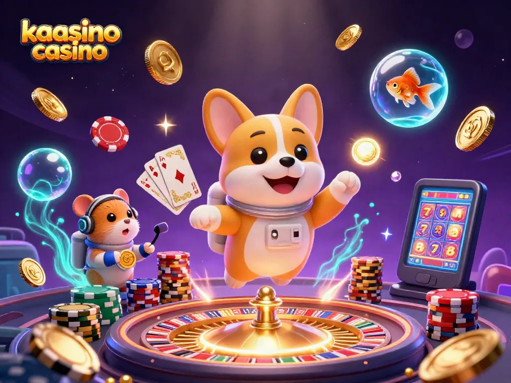 Experience the exciting chaos of kaasino casino with a floating astronaut corgi and vibrant gaming elements.