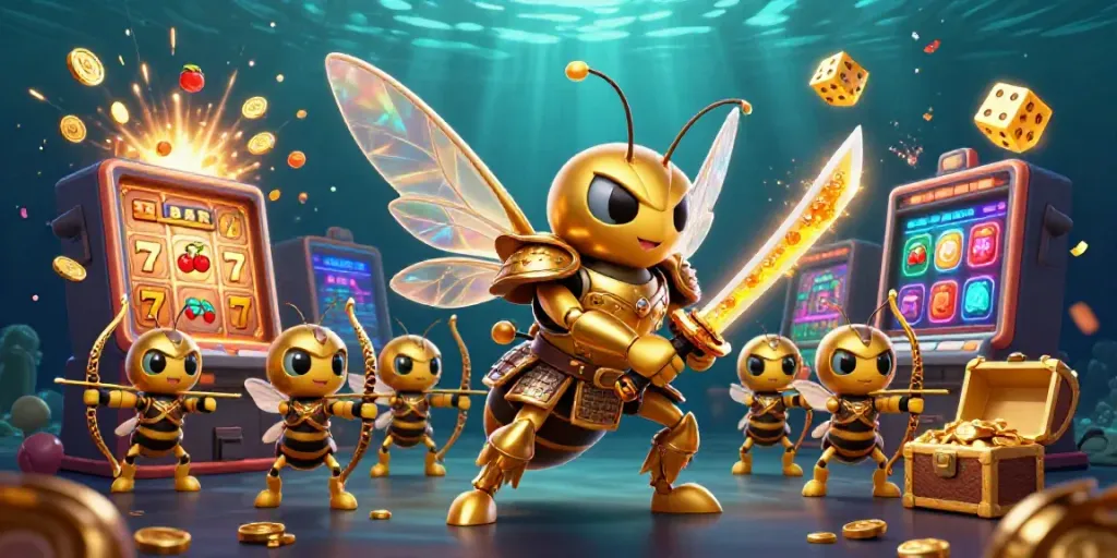 Engage with the vibrant scene to view website, showcasing dynamic slots and a powerful hornet guardian in action.