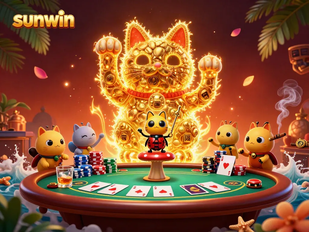 Experience sunwin's vibrant casino ambiance with a giant lucky cat and dynamic poker scene.