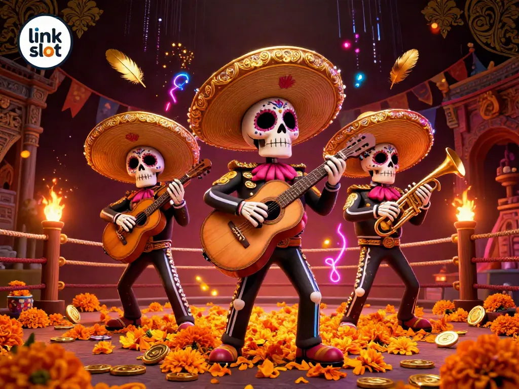 Experience thrilling action with link slot as a Dia de los Muertos mariachi band performs amid vibrant casino elements.