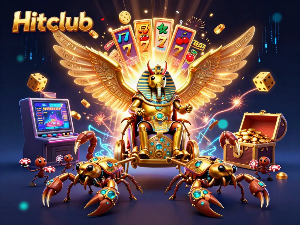 Experience the thrilling world of Hitclub with a golden scarab and scorpions amidst a festive jackpot celebration.