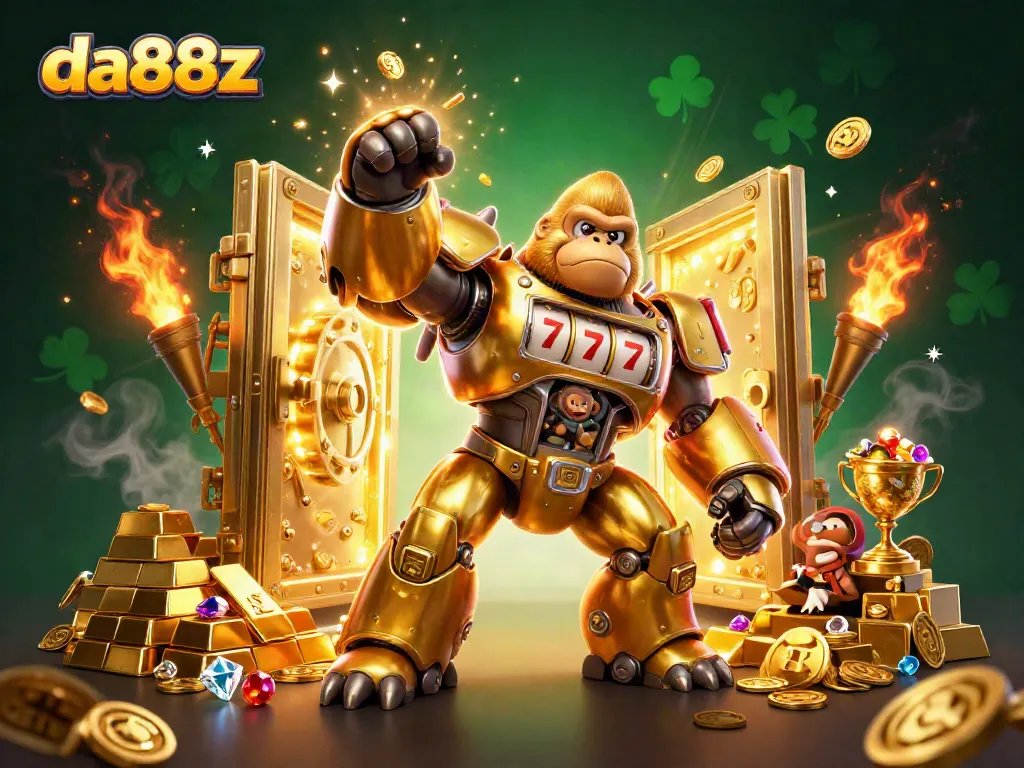 Win big with da88z, a dynamic illustration featuring a golden gorilla mech celebrating casino jackpots.