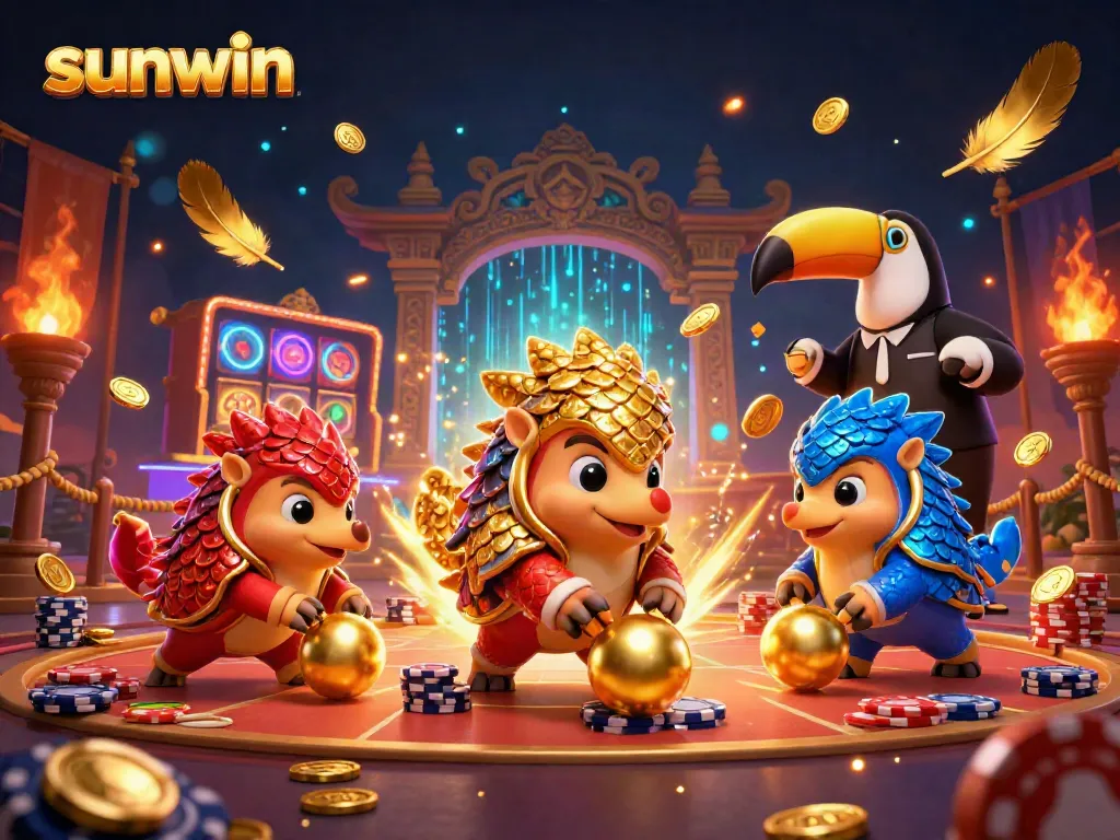Experience thrilling gaming at sunwin with dynamic pangolin characters amidst vibrant casino elements.