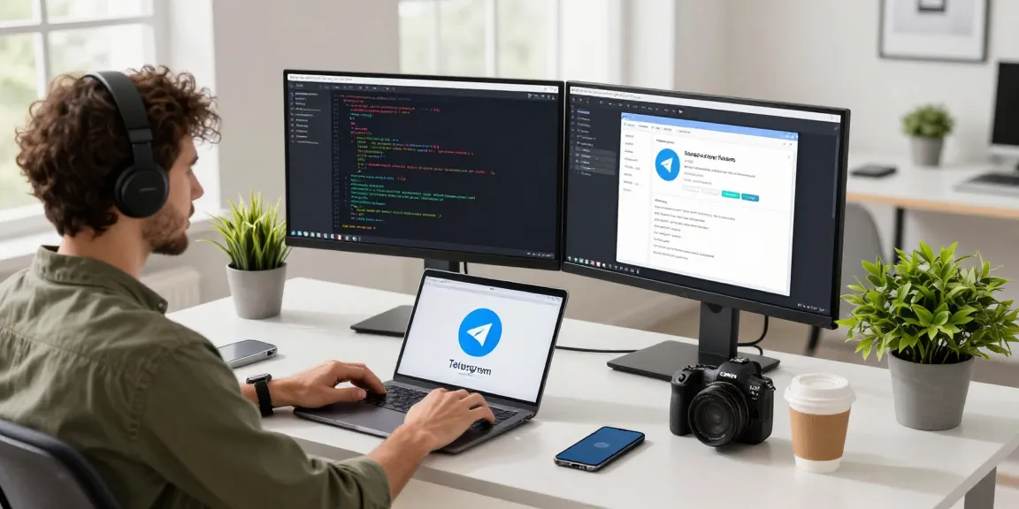 Download Telegram on modern tech workspace with code and gadgets.