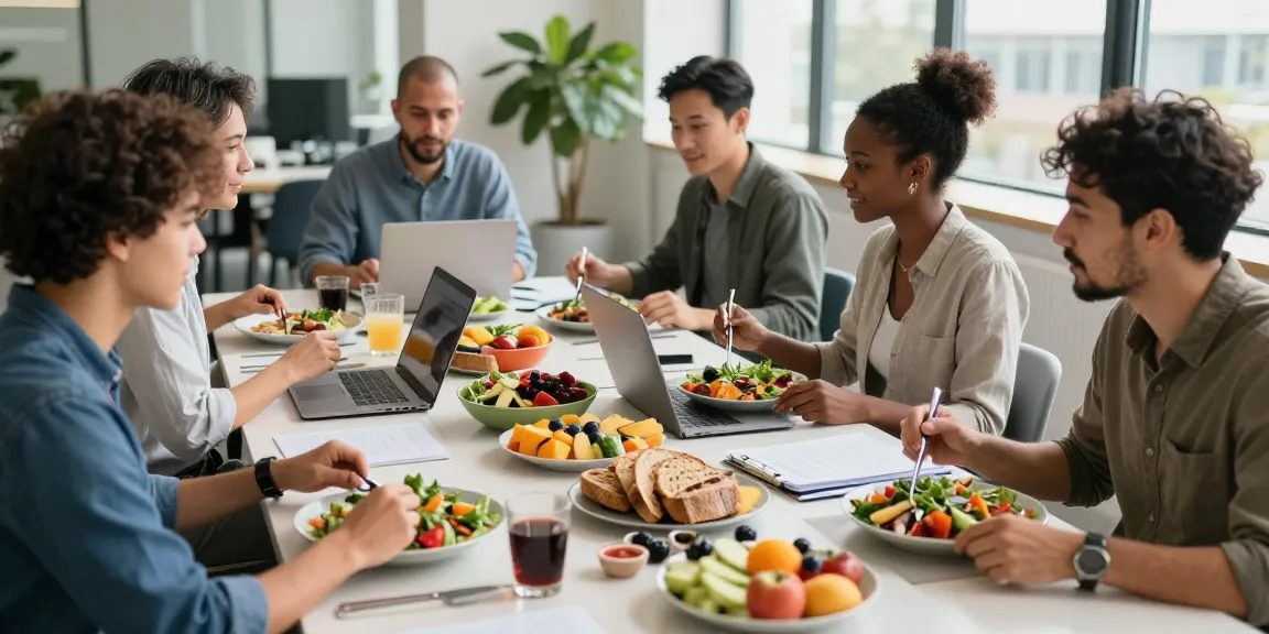 bedrijfscateraar verzorgt een gezonde lunch voor medewerkers in een moderne kantooromgeving