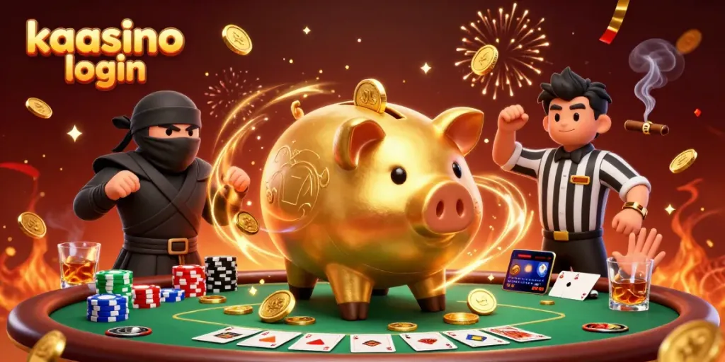 Kaasino login scene showcasing a sumo wrestler piggy bank, ninja wallet, and samurai referee in a vibrant casino setting.