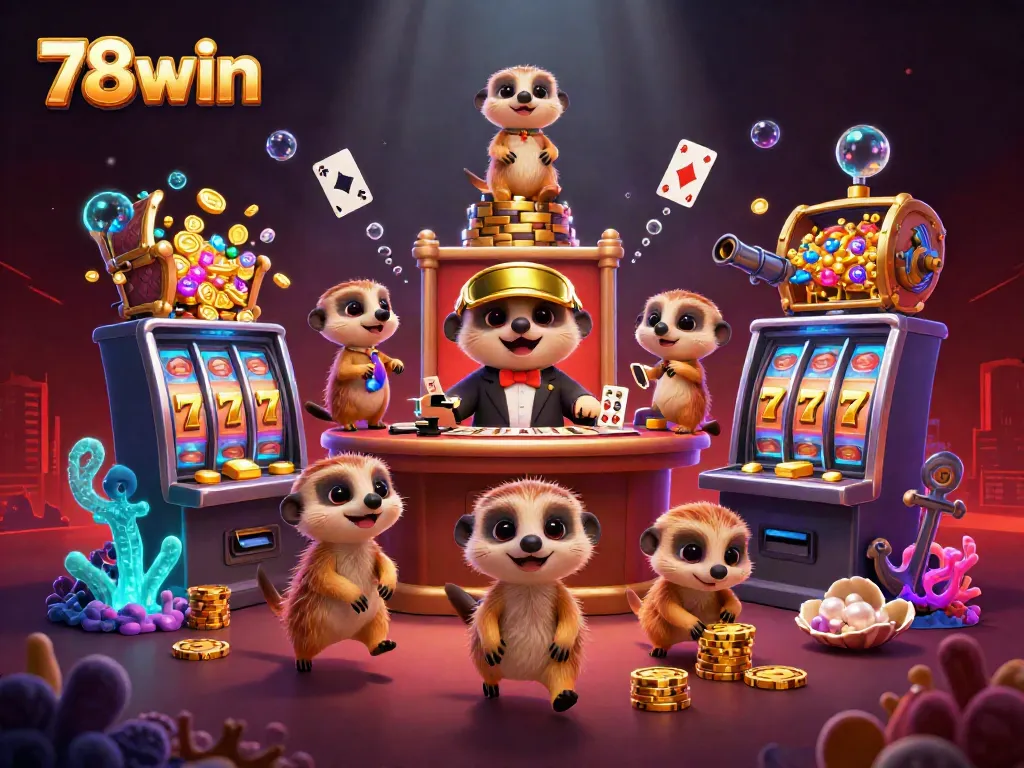 Experience vibrant gaming at 78win with meerkats in a colorful casino scene filled with rich details.