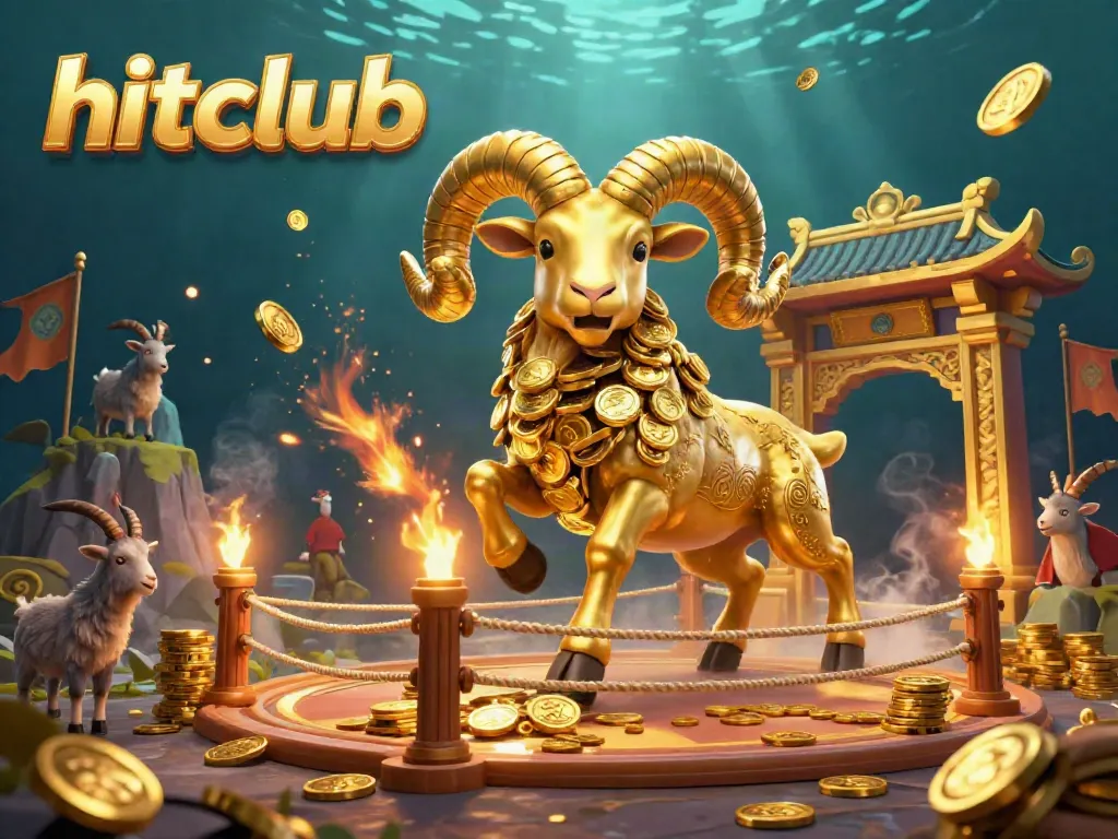 Engage with hitclub's vibrant casino scene with a golden ram symbolizing jackpot excitement.