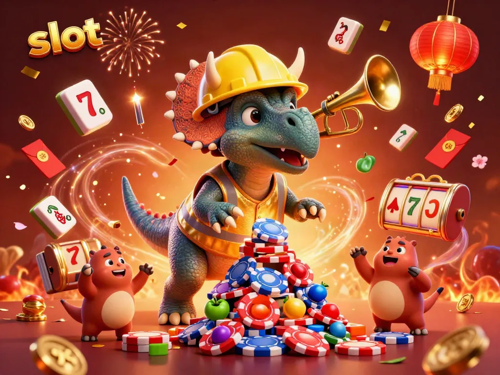 Spin to win with vibrant slot gaming elements, featuring a triceratops and friends in a celebratory scene.