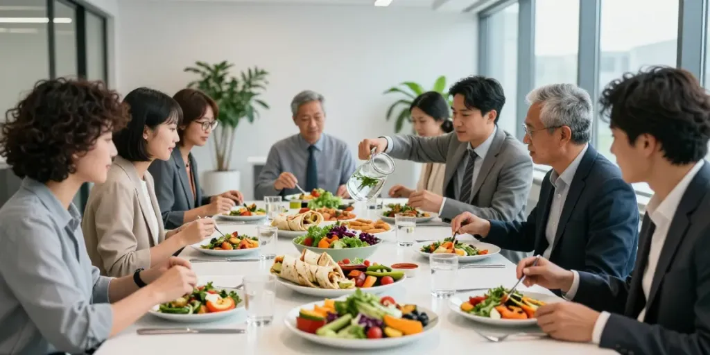 Gezonde catering voor bedrijven met medewerkers die genieten van een smakelijke lunch.