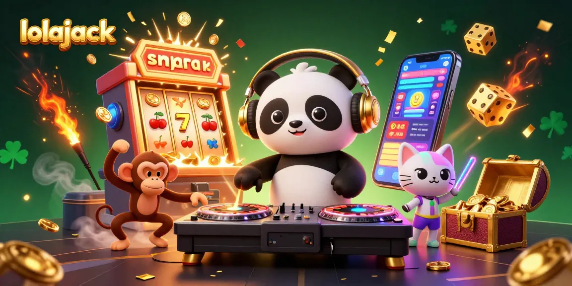 Spin and win at lolajack casino, featuring a DJ panda and exciting slot game elements bursting with action.