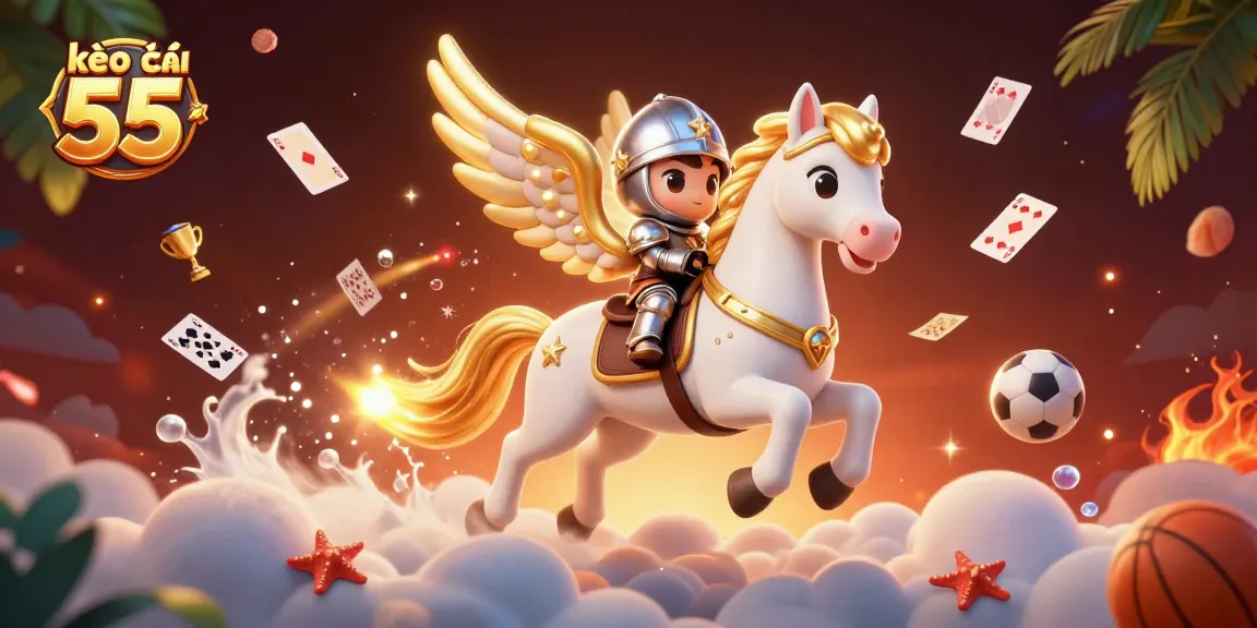Engage with kèo nhà cái 55 sports betting, as a knight rides a celestial horse amidst vibrant graphics.