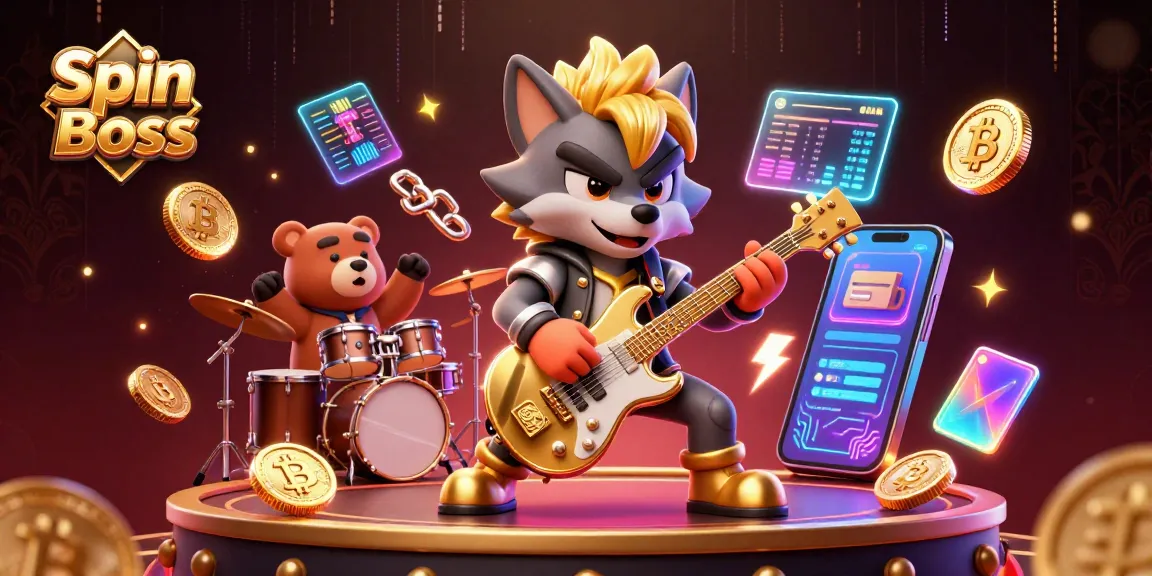 Spin Boss showcases a vibrant 3D casino scene with a rock star wolf and a drummer bear, celebrating cryptocurrency.
