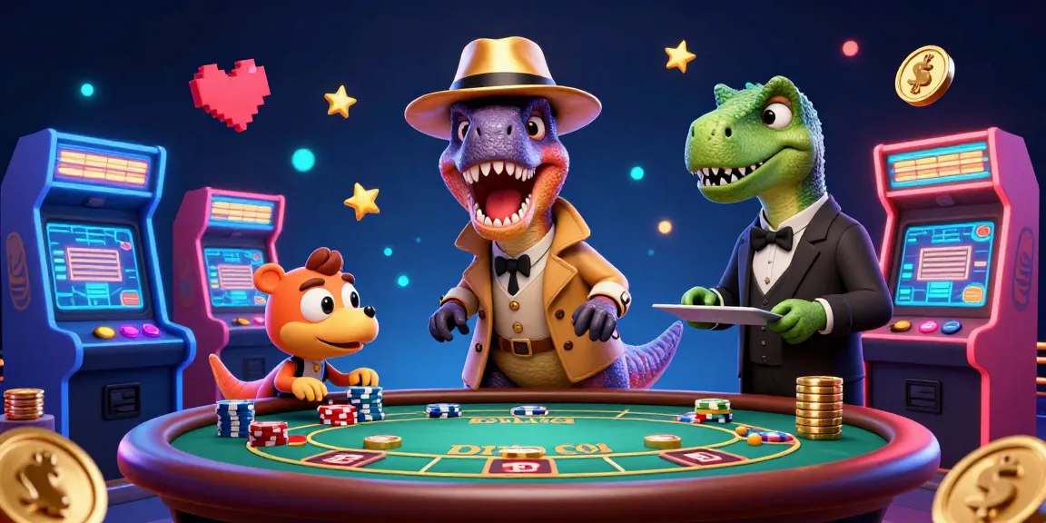 Experience the excitement at lolajack casino with 3D velociraptor at blackjack table amid vibrant game elements.