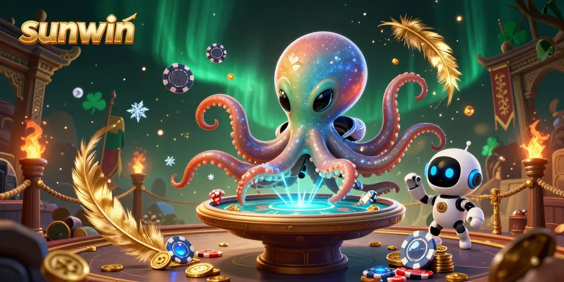 Win big with sunwin at a holographic poker table, surrounded by vibrant casino elements.